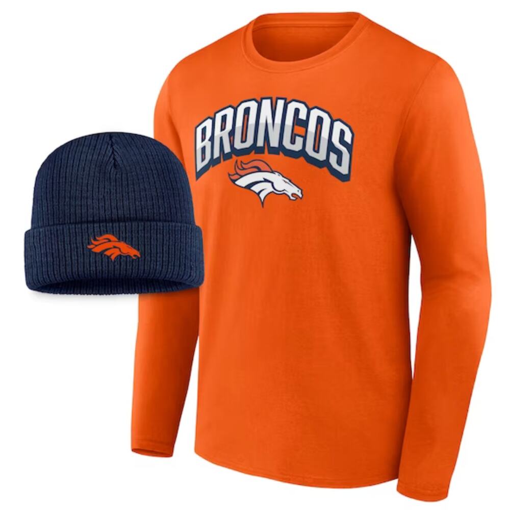 Fanatics Denver Broncos Long Sleeve T-Shirt & Cuffed Knit Hat Beanie Mens Large